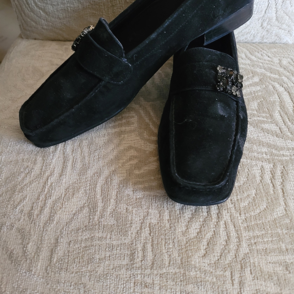 Stuart Weitzman Black Suede Loafers with Crystal Accent